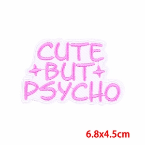 Pink Cute But Psycho embroidered iron-on patch for clothing DIY, size 6.8x4.5cm