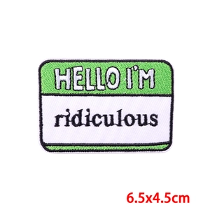Close-up of HELLO I'M ridiculous embroidered patch with green and white color block