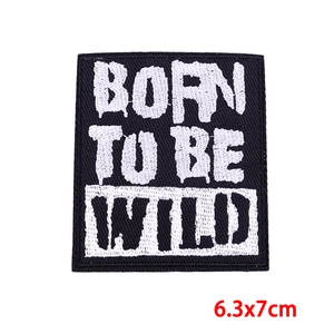 Detail of Born to be Wild embroidered patch with high-density stitching and black border