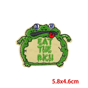 Green frog embroidered patch with Eat The Rich text for DIY clothing decor 5.8x4.6cm