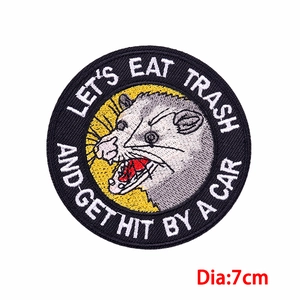 7cm round opossum embroidery patch with satirical quote for DIY clothing decoration
