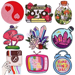 Detailed set of 9 colorful embroidered patches featuring vintage TV and retro camera designs