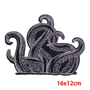 Octopus tentacle embroidered patch on black twill fabric with white stitching 16x12cm