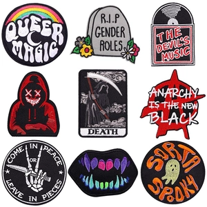 Punk Skull Lips Embroidery Patch Iron On Badge For Clothing Bag DIY Gothic Rock Style Tarot Death Embroidered Applique
