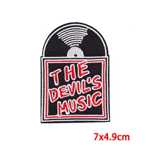 Punk record player embroidery patch with THE DEVIL'S MUSIC text for canvas bags