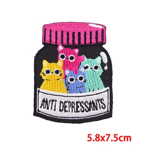 Cat antidepressants bottle embroidery patch with punk style for DIY jackets 5.8x7.5cm