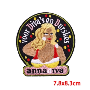 Detailed embroidery patch showing a blonde woman design with size 7.8x8.3cm dimensions