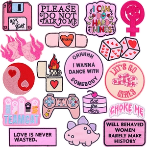 Pink Retro Embroidered Iron On Patches For Clothing Bag Shoes DIY Decoration Pink Cowgirl Hat Heart Dice Game Controller Embroidery Patch Applique