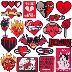 Red Heart Embroidery Patches Punk Style Embroidered Applique Sew On Iron On For Clothes Bags Jackets DIY Decorative Badges