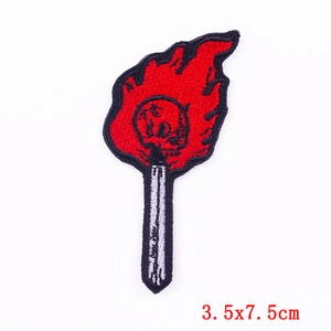 Embroidered torch patch with skull flame design, iron-on backing, 3.5x7.5cm size