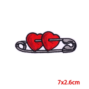 DIY cartoon embroidered double heart patch with safety pin design, size 7x2.6cm