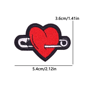 Red heart embroidery patch with silver safety pin design and precise dimension labels