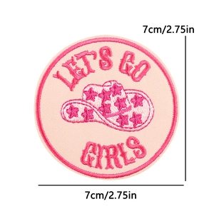 Pink circular cowgirl hat embroidered patch with Let's Go Girls text and 7cm size detail