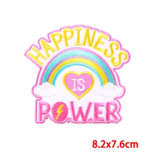 Happiness Is Power rainbow embroidery patch with pink heart for hats and clothing