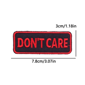 Rectangular embroidered patch with Don't Care text and size dimensions in inches