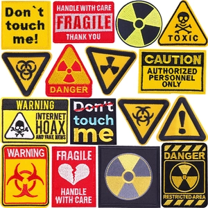 Warning Slogan Embroidered Patches Cartoon Radiation Toxic Biohazard Fragile Iron On Sew On Applique DIY Accessories For Clothes Bags