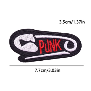 Detailed punk safety pin embroidery patch with red PUNK lettering 7.7cm x 3.5cm