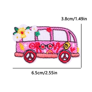 Pink hippie bus embroidery patch with groovy text and floral pattern on white background