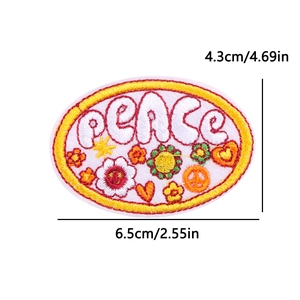 Detail showing Peace embroidery patch with dimensions 6.5cm x 4.3cm and sunflower motifs