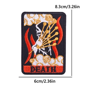 Detailed macro view of Death Tarot embroidery patch with specific 8.3x6cm dimensions