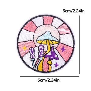 6cm colorful mushroom embroidery patch with pink radial background and star details