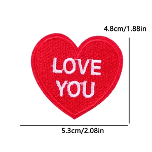 Close-up of red heart embroidery patch with LOVE YOU text and size measurements