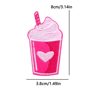 Pink cold drink embroidered patch with heart and straw design, 8cm height size display