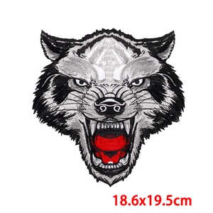 Wolf head embroidery patch in black and white for DIY denim jackets 18.6x19.5cm