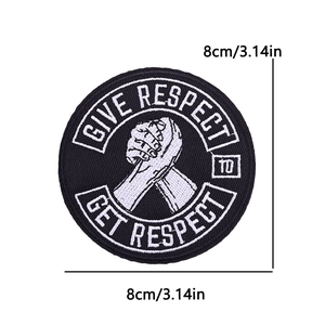 Detail of 8cm Give Respect Get Respect embroidered patch with black and white stitching