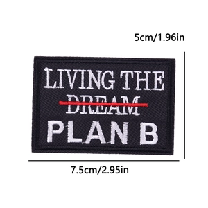 LIVING THE DREAM patch with PLAN B embroidery, 7.5x5cm rectangular iron-on for clothing