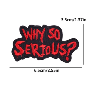 Detailed dimensions of Why So Serious? embroidered iron-on patch with bloody font style