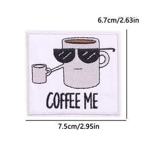 Detailed view of square cartoon coffee patch with COFFEE ME embroidery and dimensions