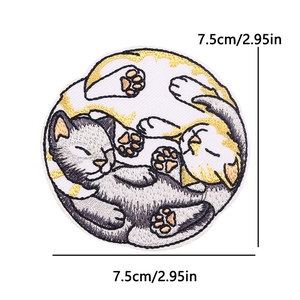 7.5cm round yin yang cat embroidery patch showing detailed texture for DIY clothing