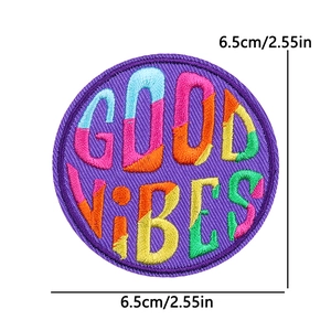 Round Good Vibes embroidered patch with purple fabric for clothes and bags, 6.5cm diameter