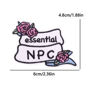 Detailed view of essential NPC floral embroidery patch with rose patterns and size markings