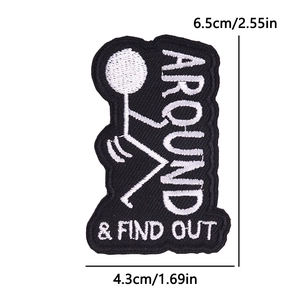 Black embroidered quote patch with stick figure and size markings on white background