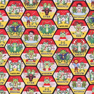 Macro detail of hexagonal embroidered patches with frog zodiac designs and Dutch text