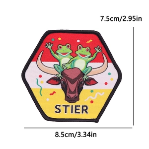 Detailed size view of an embroidered Oeteldonk frog patch with Stier bull design