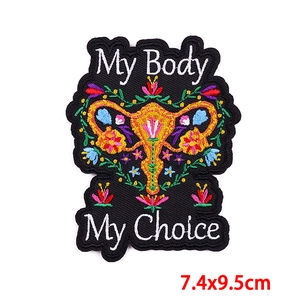 Detailed embroidery texture of 'My Body My Choice' floral patch measuring 7.4x9.5cm