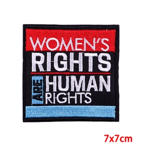 Close-up of Women's Rights are Human Rights embroidered patch measuring 7x7cm