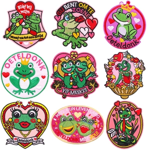 Oeteldonk Dutch Carnival Frog Embroidered Patch Pink Heart Crown Cartoon DIY Applique For Hat Bag Clothing Decoration