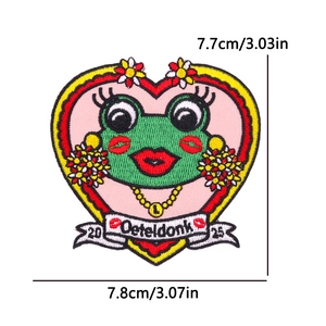 Pink Oeteldonk heart frog embroidered patch showing size dimensions on white background