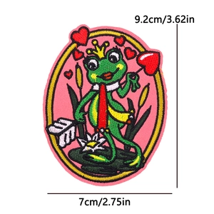 Detail view of Oeteldonk frog princess embroidery patch showing exact 9.2cm height and 7cm width
