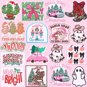 Parches Bordados Festivos Navidad Halloween Hilo de Bordar Vaquero del Oeste Papá Noel Fantasma Apliques Para Ropa Bolsos Decoración