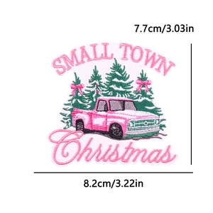Parche bordado de Navidad con camioneta rosa y árboles para decorar ropa DIY