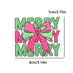 Parche bordado navideño con lazo rojo y verde y texto Merry, tamaño 8x7cm