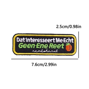 Rectangular black and yellow embroidered patch with Dutch quote for DIY clothing and hats
