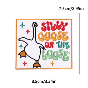 Detail of Silly Goose embroidered patch showing 7.5x8.5cm dimensions and fine stitching