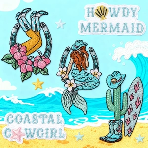 Embroidered Coastal Cowgirl Patch Summer Beach Mermaid Cactus Boots Surfboard DIY Iron On Applique Decorative Clothing Patch