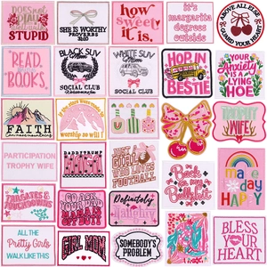 Pink Cartoon Inspirational Slogan Embroidery Patches Iron On Badges For Clothing Bag Hat DIY Decoration Flower Hearts Applique
